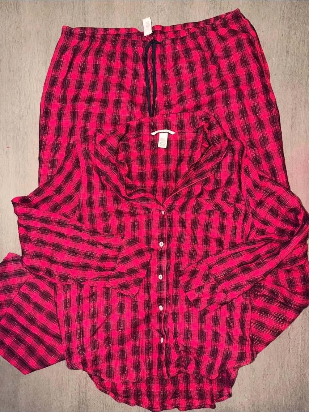 Victoria's Secret Flannel Pajama Set XL Red Black Buffalo Plaid Cotton Long PJ